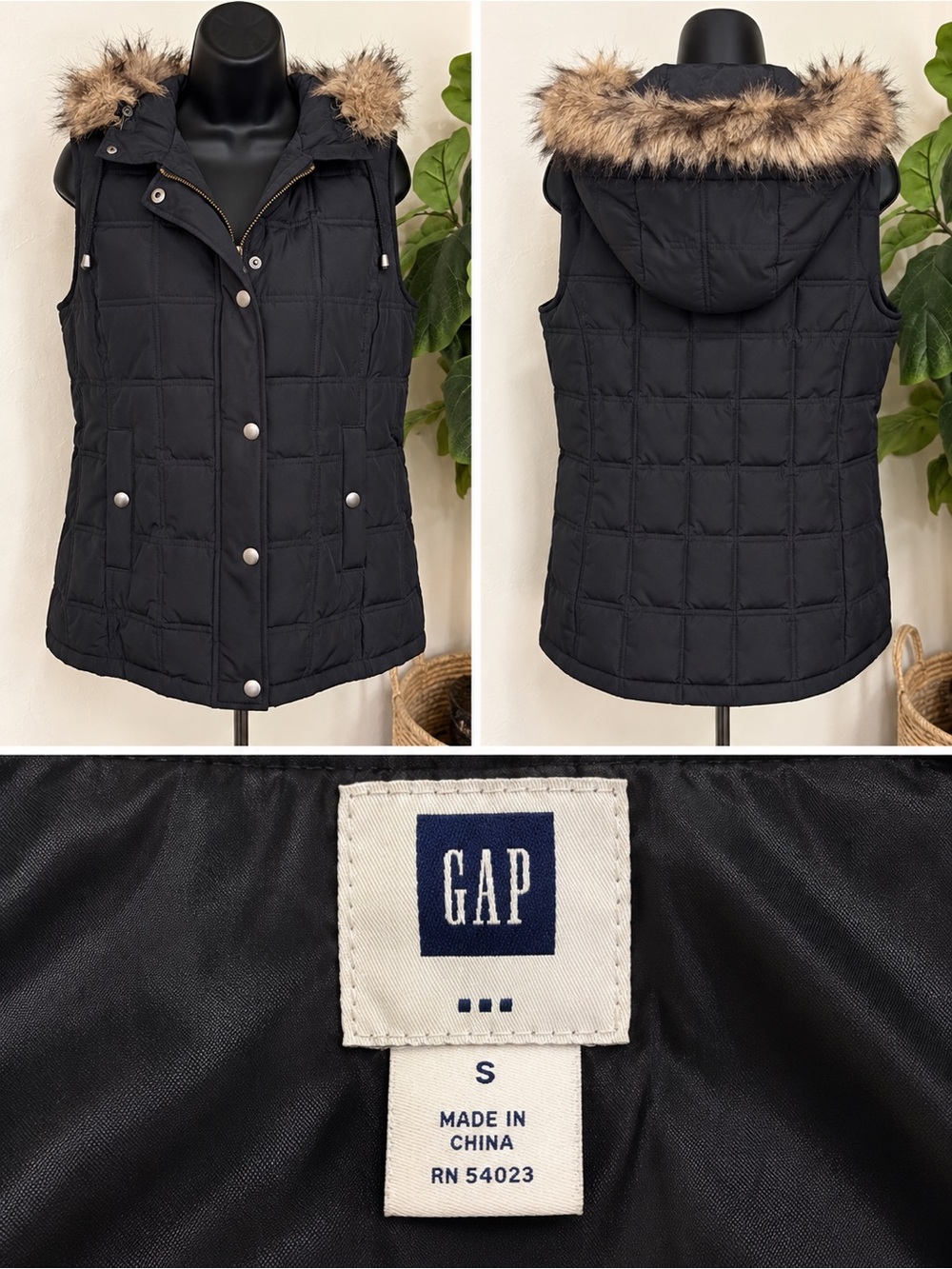 GAP Black Quilted Vest with Faux-Fur Trim Hood